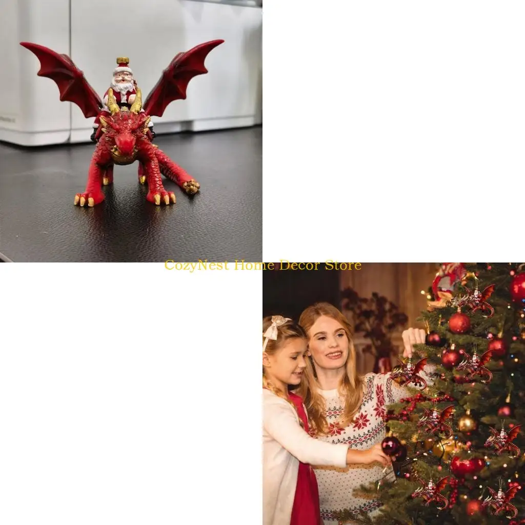 92MF Detailed Resin Christmas Ornament with Santa on Dragon for Festives Tree Decors
