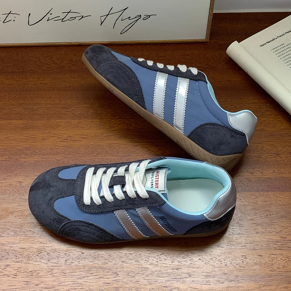 Women's Retro Striped Sneakers, Suede & Nylon Lace-Up Shoes, Low-Top Casual Footwear for Daily Streetwear in Multiple Colors