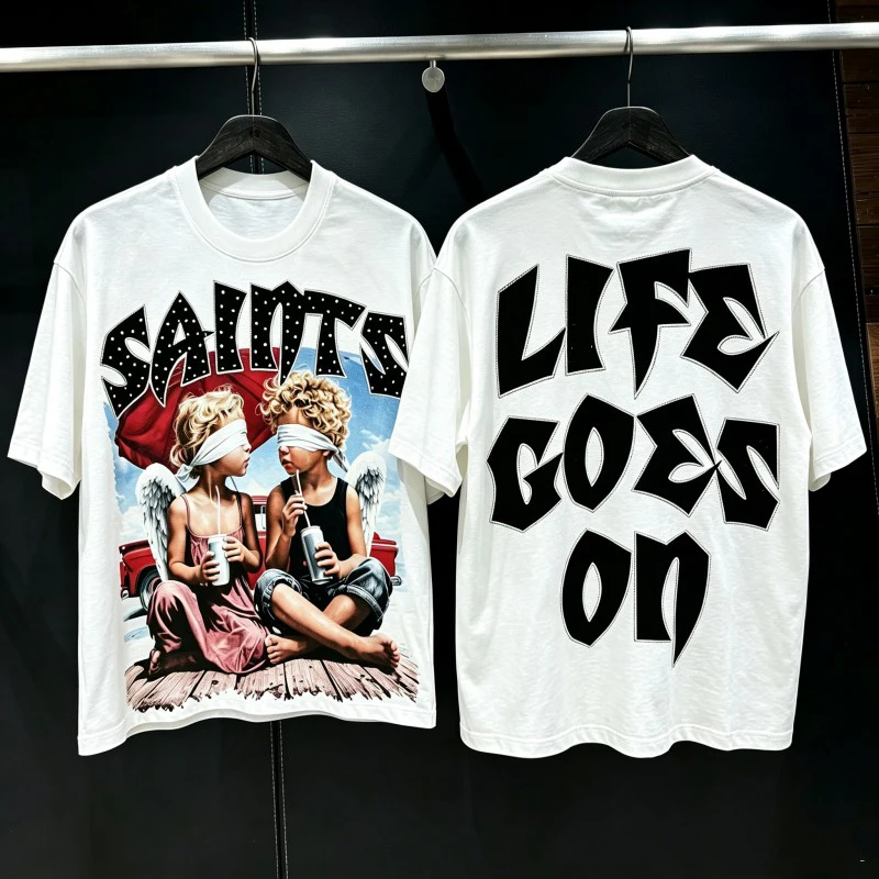 Spot Hotfix Rhinestone Letter Saint Tshirt Masked Angel Children Drinking Beverage Print Men Women White Round Neck Short Sleeve
