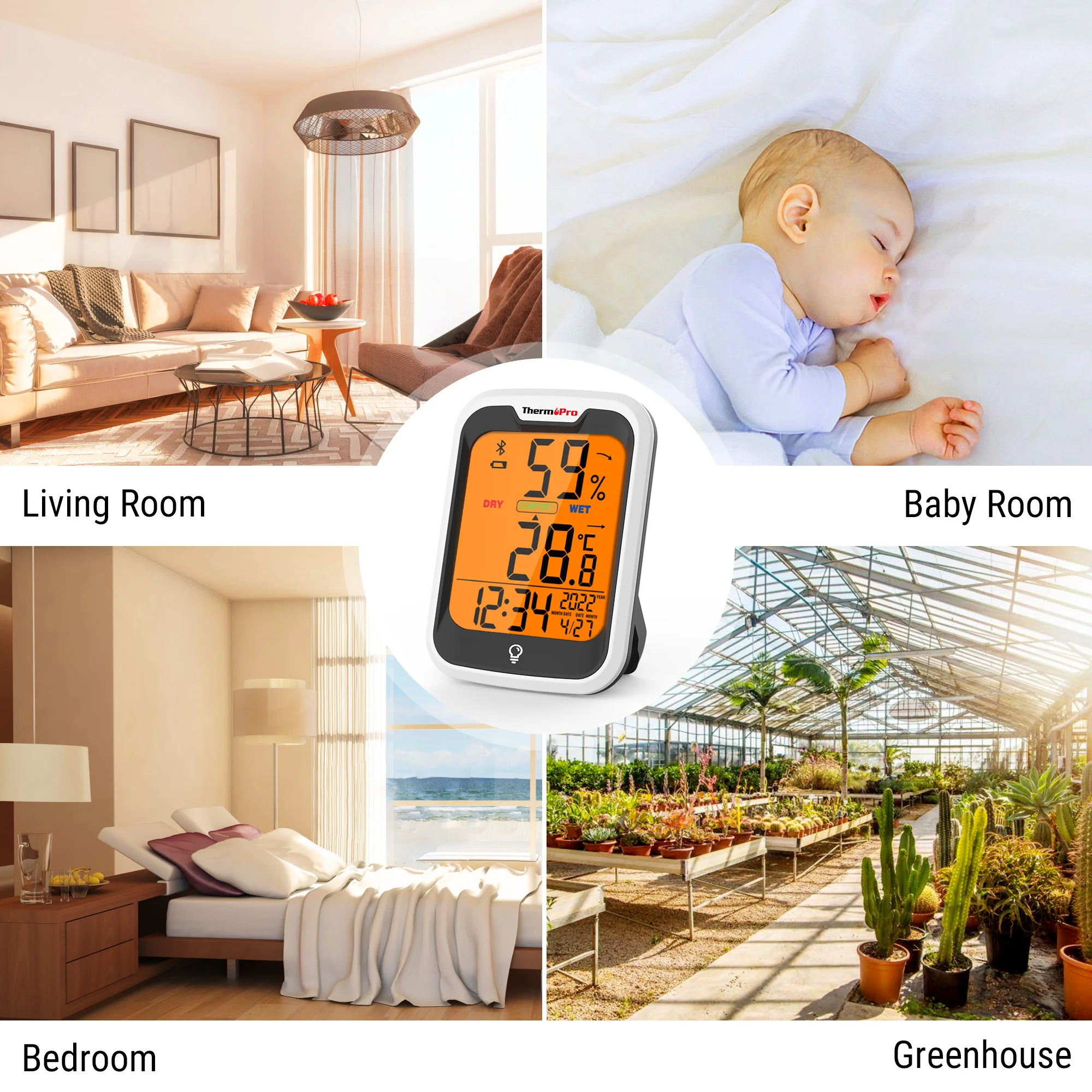 ThermoPro-مقياس حرارة داخلي ومقياس رطوبة ، TP358 ، إضاءة خلفية ، تطبيق يتم التحكم فيه بالبلوتوث ، أرقام ، محطة الطقس ، منزل مع ساعة ويوم #6
