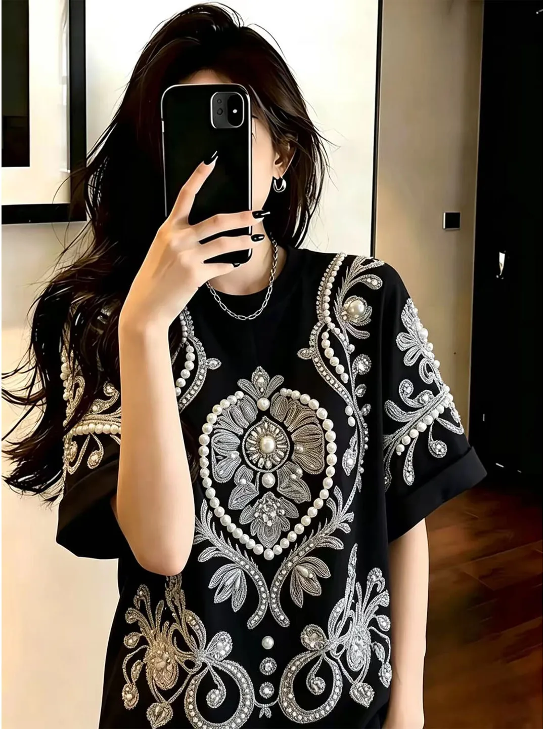 Fashionable Summer New Loose Women's T-shirt Glittering Heavy-duty Bead Printing Korean Style round Neck Regular Length