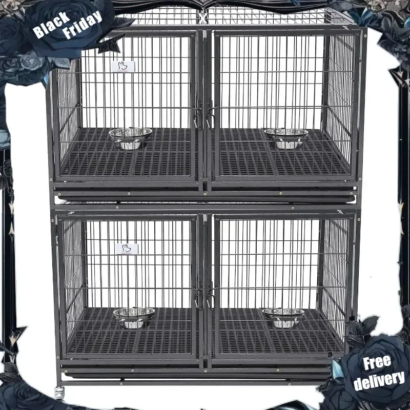 

43 inch Dog Crate 2 Floor Stackable Heavy Duty Dog Kennel Dog Grooming Cage with Detachable Divider, Additional Tray