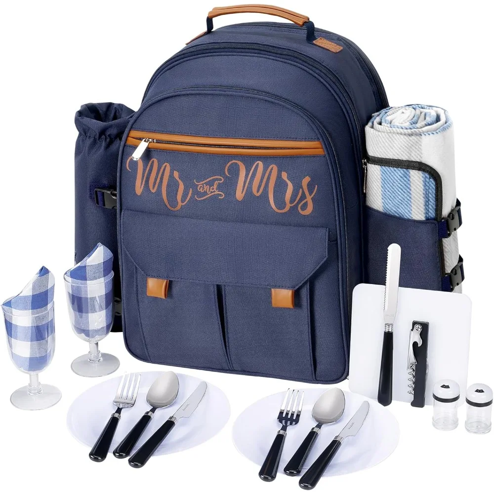 Regalos para parejas Mochila de picnic aislada de 22 L para 2, juego de cesta de picnic Accesorios de camping Mochila más fresca A prueba de fugas