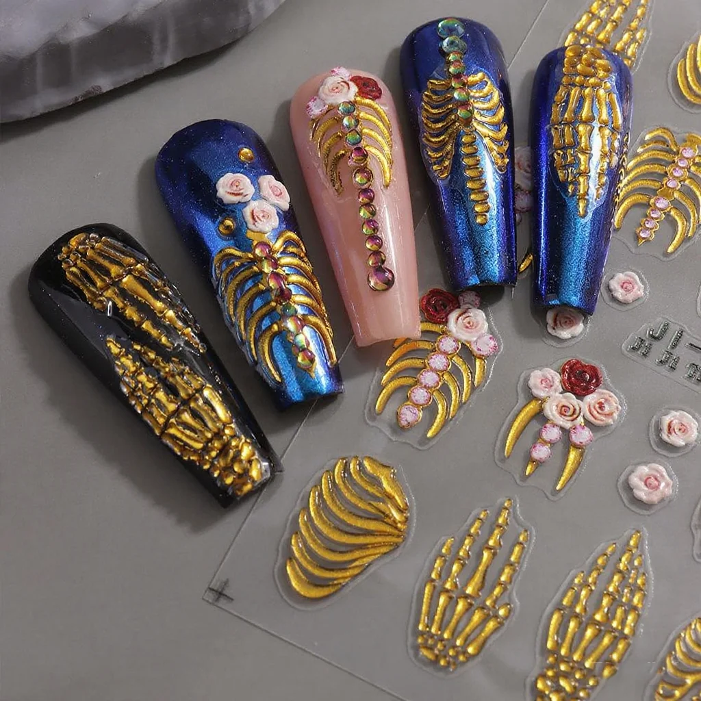 1PCS 할로윈 5D 네일 아트 스티커 고딕 골든 해골 엠보싱 스켈레톤 핸드 슬라이더 데칼 매니큐어 DIY 장식 액세서리