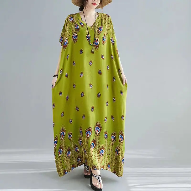 Batwing Sleeve Straight V-Neck Floral Printed Long Dress  Women Elegant Retro Ethnic Robe National Vintage Loose Holiday Dress