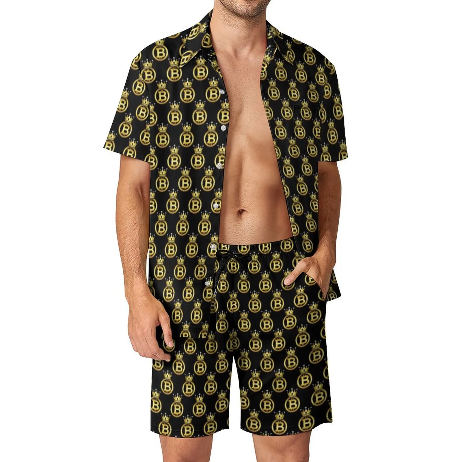 Golden Bitcoin Men Sets Blockchain Crypto Print Casual Shorts Beachwear Shirt Set Summer Funny Suit Short Sleeves Big Size