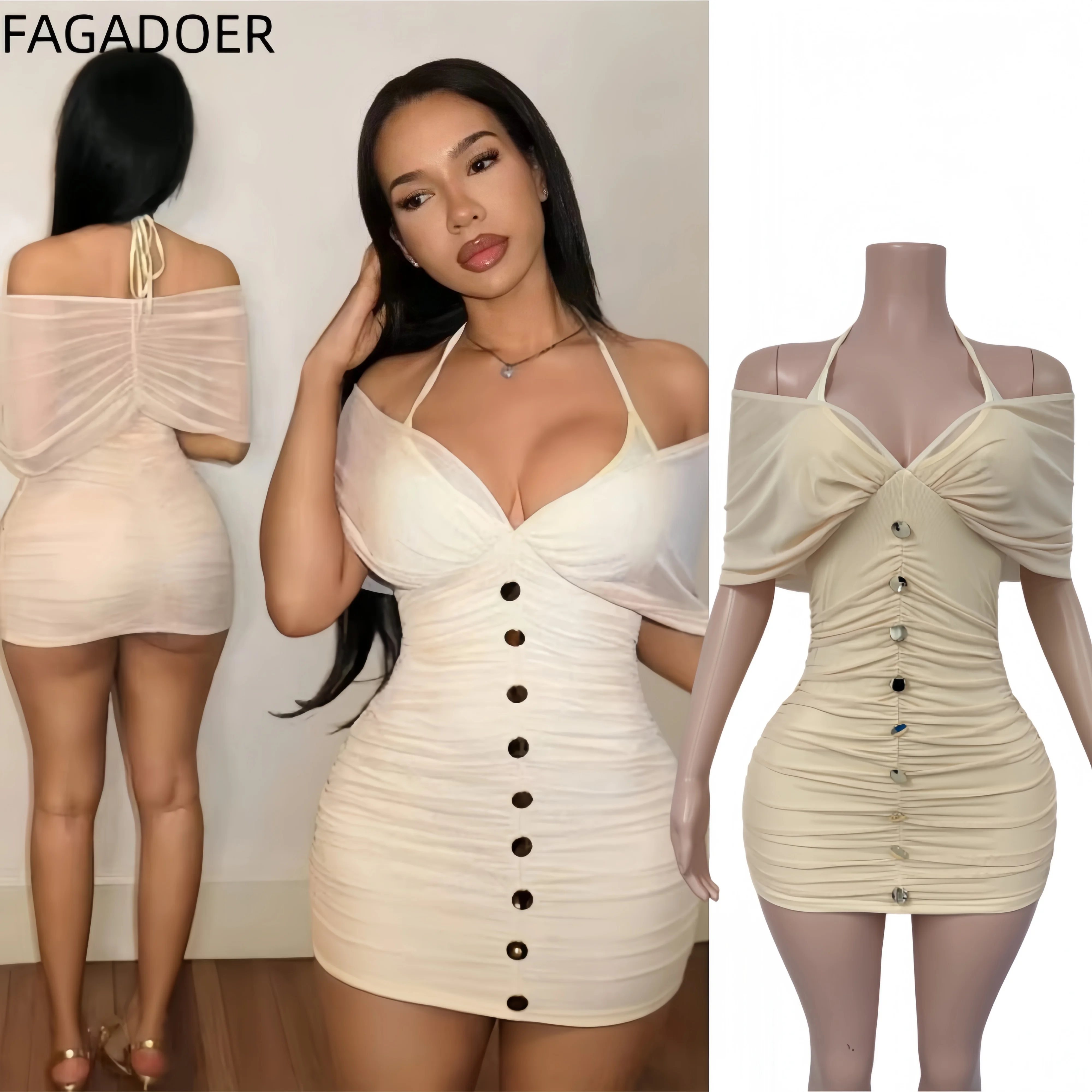 FAGADOER Sexy Mesh Ruched Bodycon Mini Dress Hot Girl Apricot Off Shoulder Hip Bag Dress Summer Streetwear Party Club Vestidos