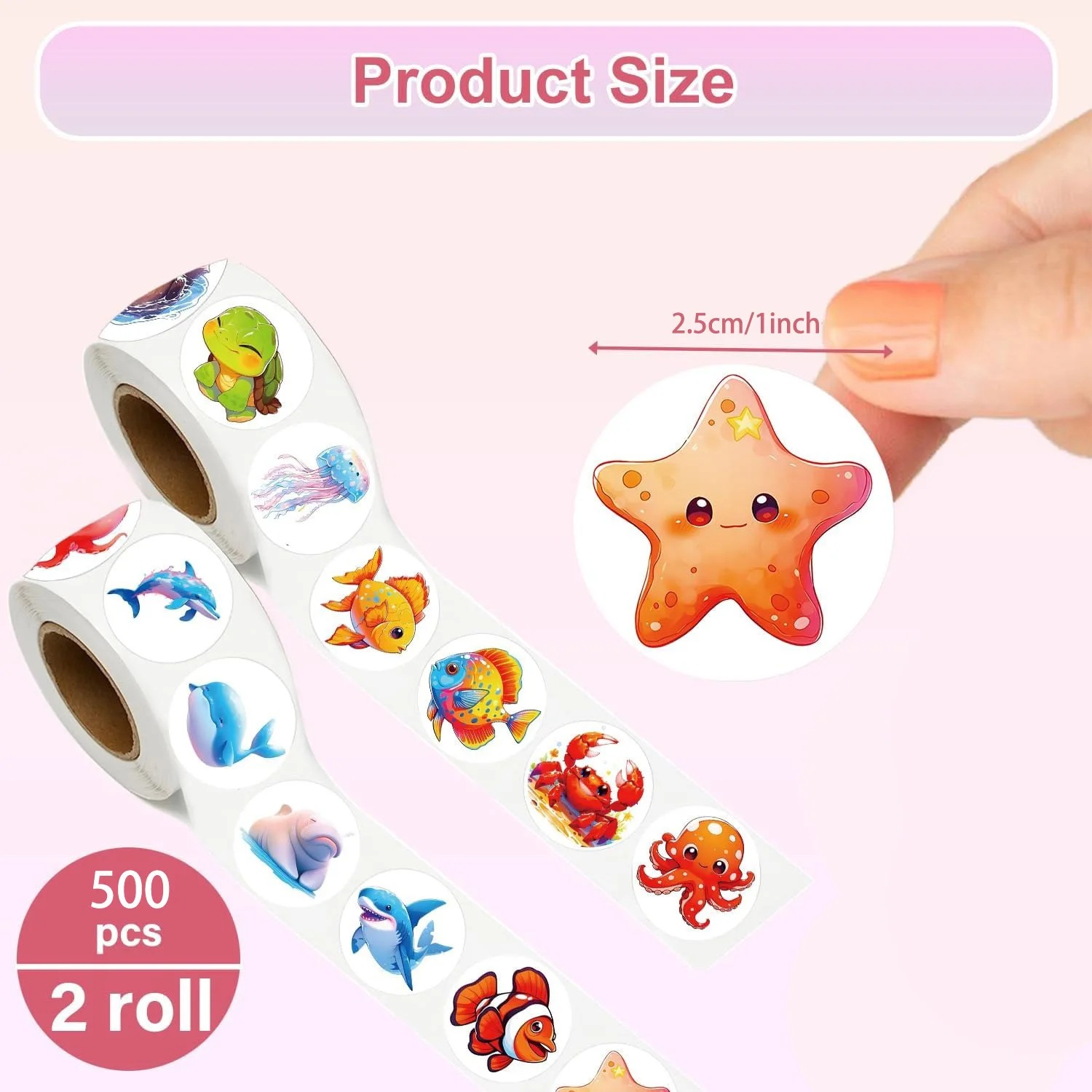 500Pcs /1 Rolls 2.5cm/1inch Marine Animal Toys Sticker Decoration Gift Box Sticker Label Stationery Sticker