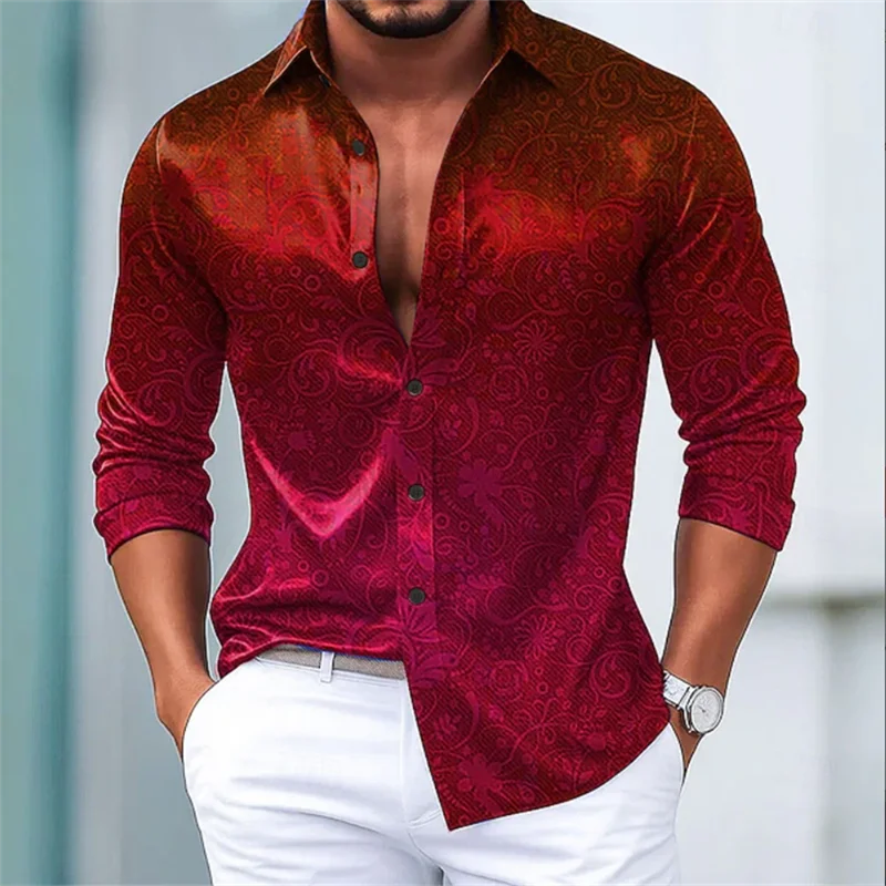 New Men's Shirt Long Sleeve Silk Shirt Luxury 3D Leaf Print Flap Collar Paisley Shirt Men's Clothing Top