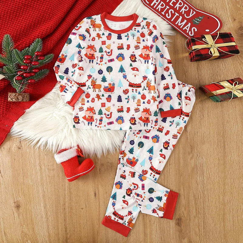 Boys Christmas 2PCS Pants Sets Long Sleeve Cartoon Print Tops and Elastic Band Pants Sets