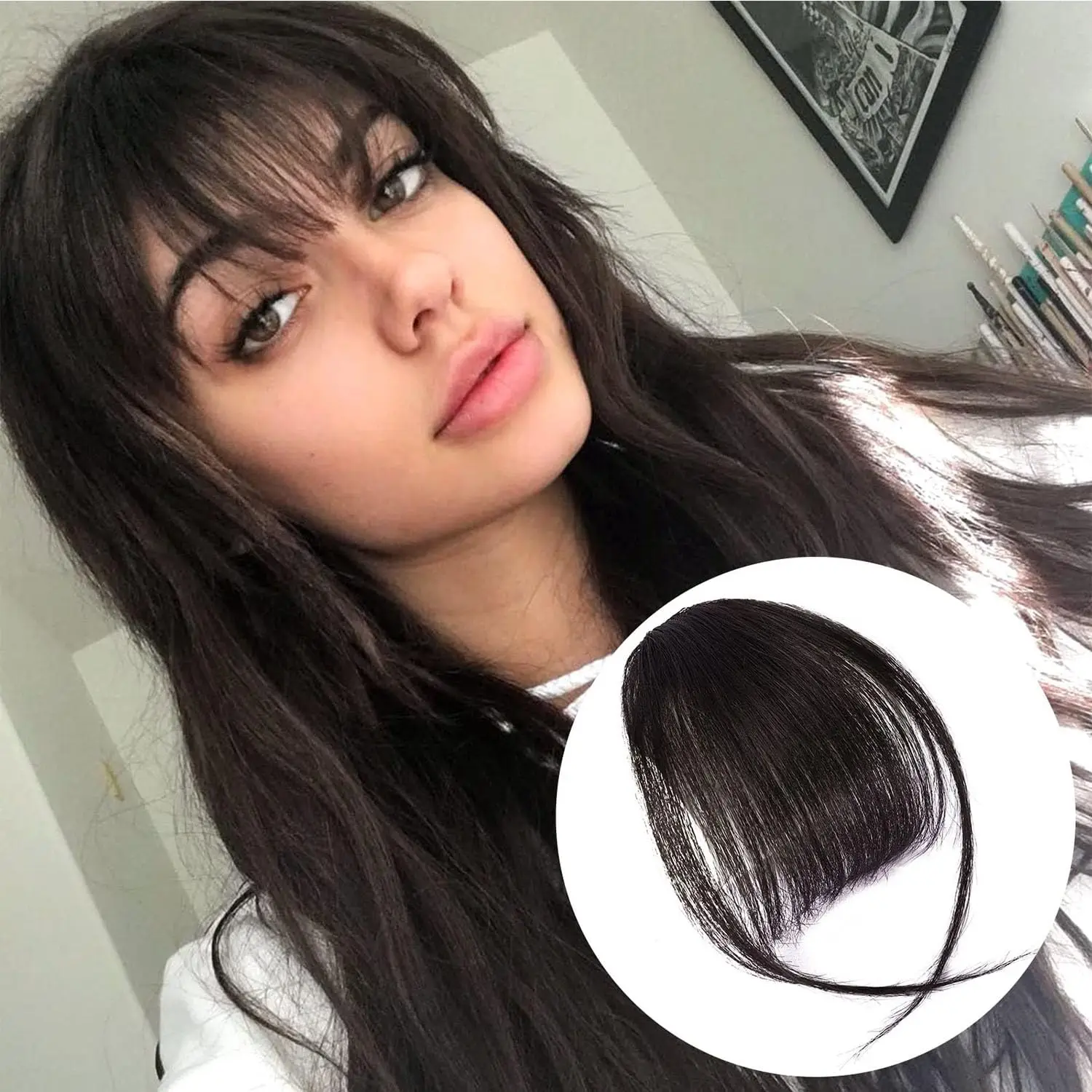 Bangs Hair Clip in Bangs Human Hair Bangs Wispy Fringe with Temples Hairpieces for Women Clip on Air Bangs Flat Neat Bangs Hair