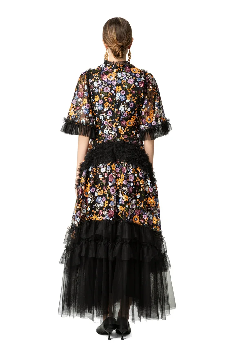 Women's Black Sequined Floral Embroidered Ruffle Tulle Maxi Dress, Elegant High Neck Gown with Tiered Skirt for Evening Party view 4