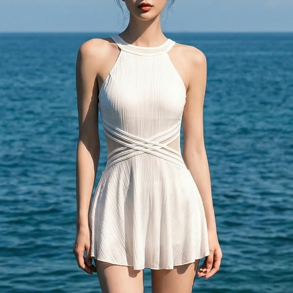 Slim Fit Backless Skirt Swimsuit Pleated Sleeveless Hanging Neck Swimsuit Fashion Korean Y2k Hot Spring Swimwear Ladies Women