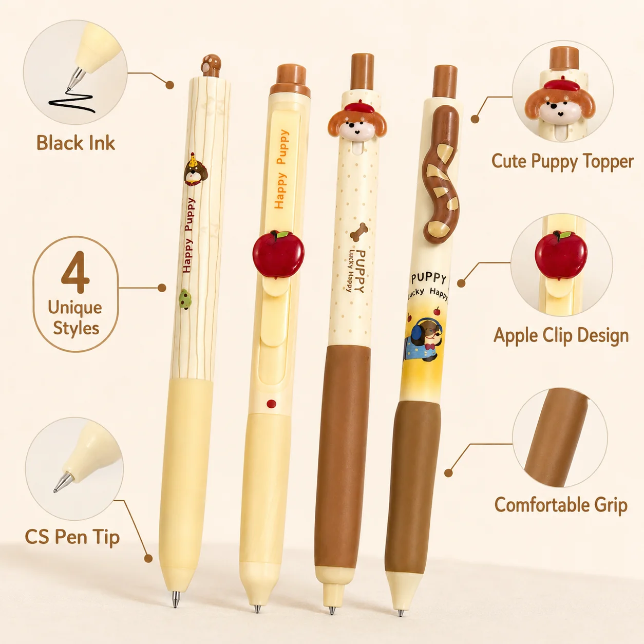 4-piece puppy gel pen, retractable black ink pen, smooth CS tip student diary pen, school office stationery gift set