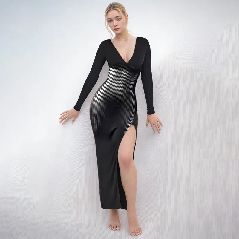 Damen Langarm Bodycon-Kleid mit Hoher Taille, Abstraktem Sexy Streifenmuster, Lässiges Wickelkleid im Hipster-Stil, Meerjungfrauenkleid