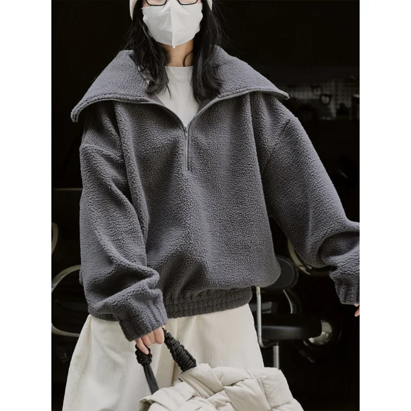 Women Winter Polar Fleece Sweater Zipper Pullover Retro Fashion Loose Large Lapel Lazy Soft Milky Thick Sweatshirt Clothes Coats