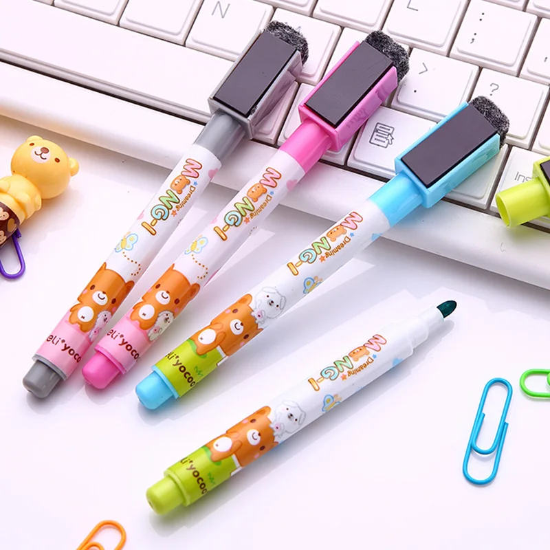 8714 4 PC/Set Cute 4-Color Mini Dry Erase Marker Whiteboard Marker Pen with Magnet & Brush for Shcool Stationery & Office