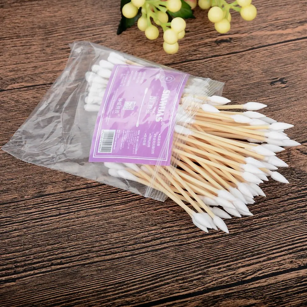 100 Stks/zak Dubbele Hoofd Wattenstaafje Medische Wood Sticks Neus Oren Schoonmaken Voor Vrouwen Meisje Make-Up Wattenstaafjes Tip Gezondheid care Tool