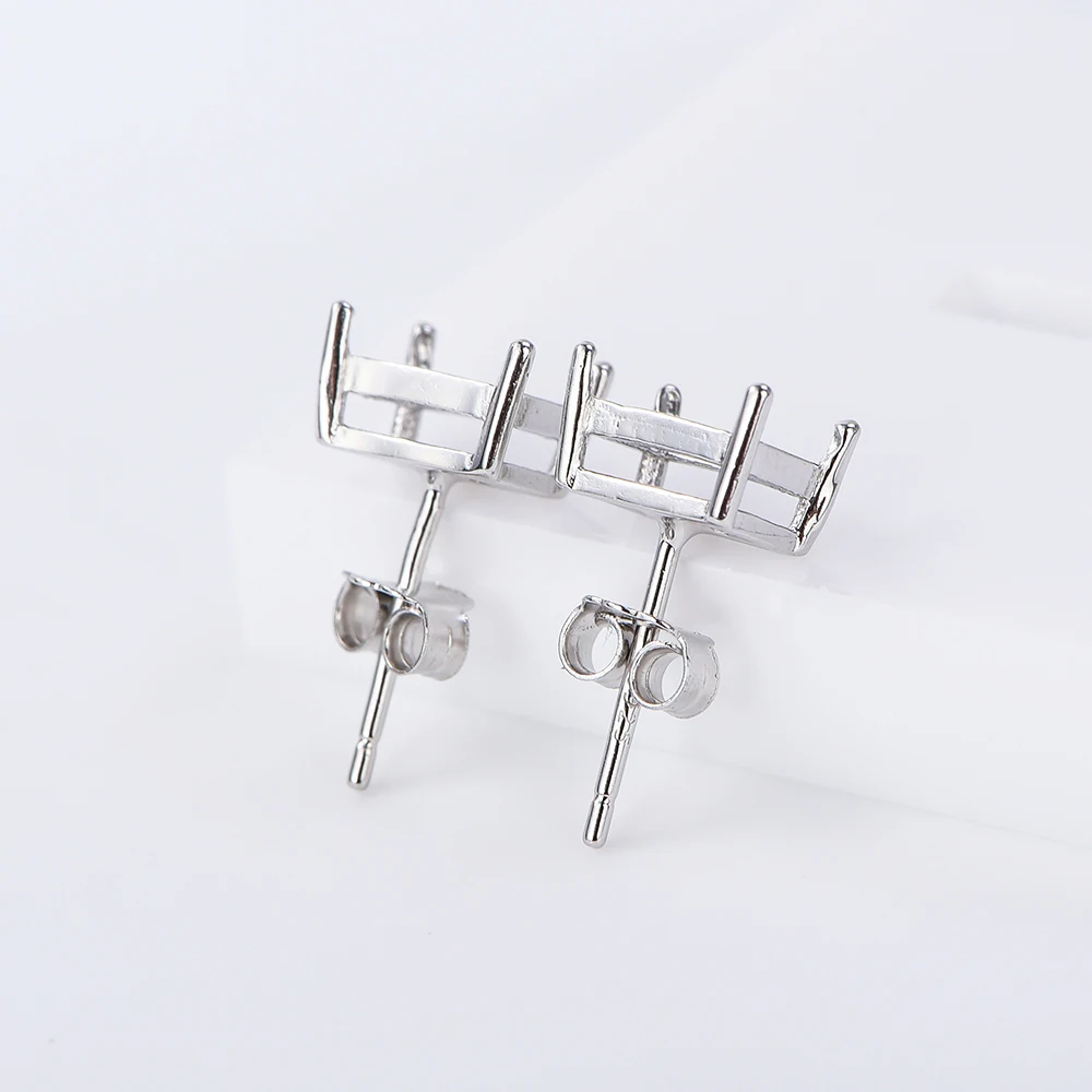 Multi-size Simple Four-Prong Rectangular Earring Settings, Minimalist Style Earring Base Frames, S925 Sterling Silver Material