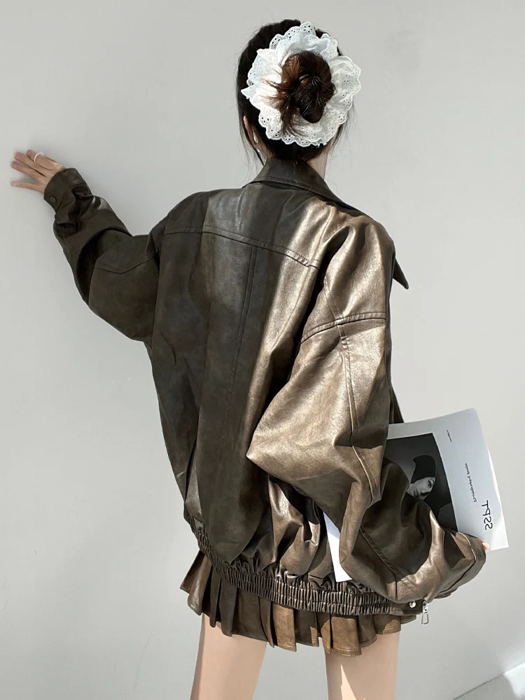 

Винтажное байкерское джато в стиле ретро, женское кожаное пальто для тяжелой промышленности, осенне-зимняя модная уличная одежда с длинным воротником све