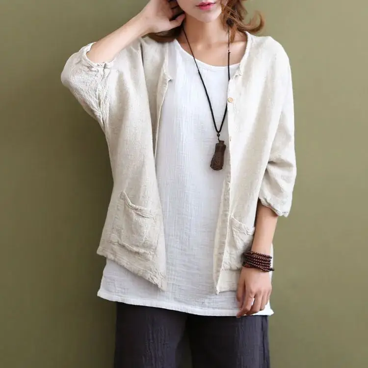 

Women's Spring Summer Cotton Linen Blouse Cardigan irt Single-breasted Casual Faionable Top for Ladies
