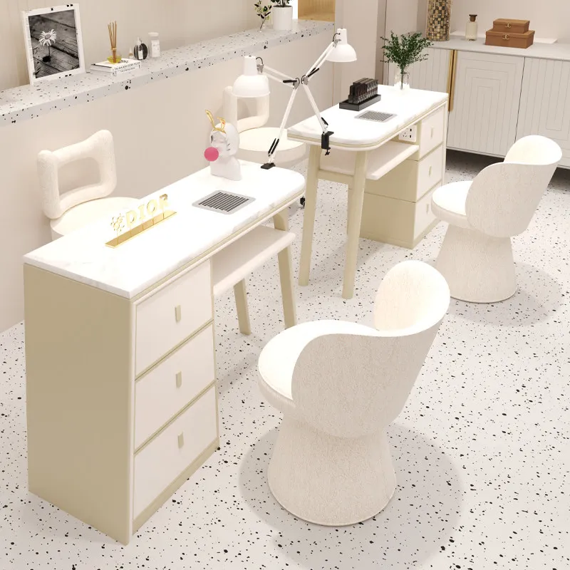 High End Cream Style Nail Art Table and Chair Set with Marble Tabletop and Built-in Vacuum Cleaner for Nail Repair