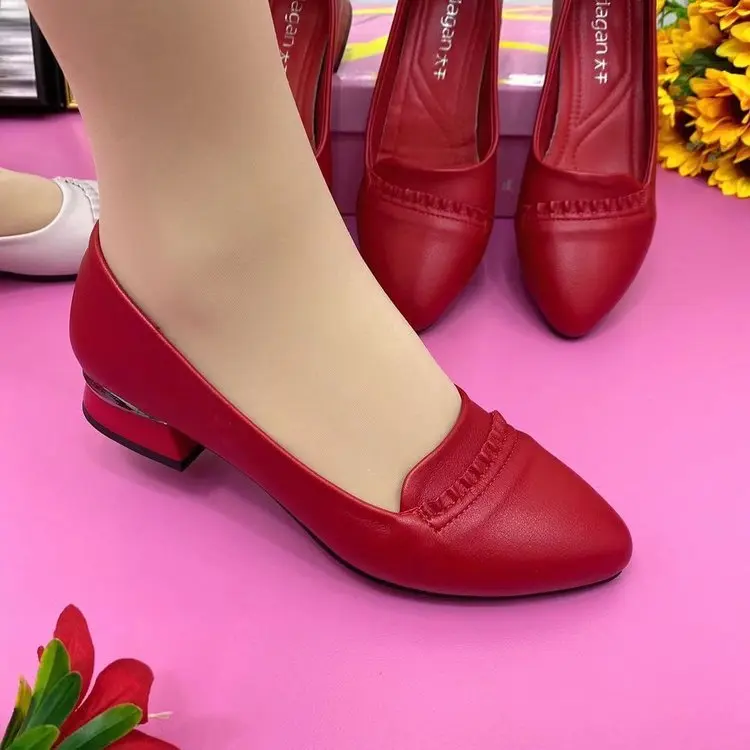 Spring Women Shoes Fashion Pointed Toe Low-heeled Women Leather Shoes Solid Slip on Casual Shoes Soft Comfort Autumn Mom Shoes