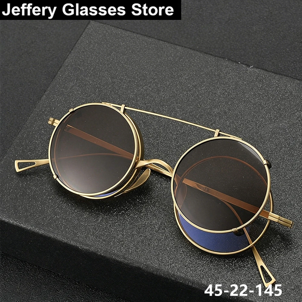 New 2 in 1 Japanese Handmade Retro Round Glasses Frame with Clip Men Women UV400 Polarized Brand Designer Eyeglasses Spectacles