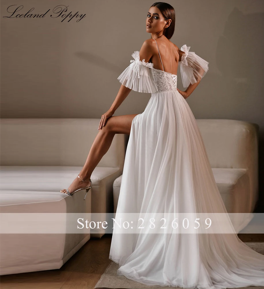 Lceland Poppy Customized Sexy A Line Scoop Neck Tulle Wedding Dresses Floor Length Lace Bridal Gowns with High Slit