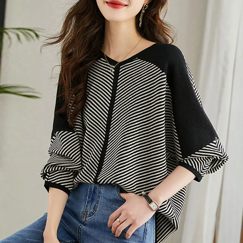 Temperament Summer Sweaters Women\'s V-Neck Striped Contrast Color Patchwork Fashion Casual Versatile Loose Long Sleeve Knit Tops