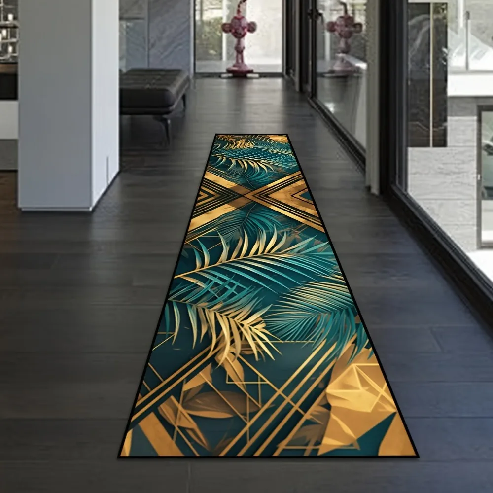 Luxury Emerald Green Geometric Marble Runner Rug Gold Line Corridor Floor Mat
