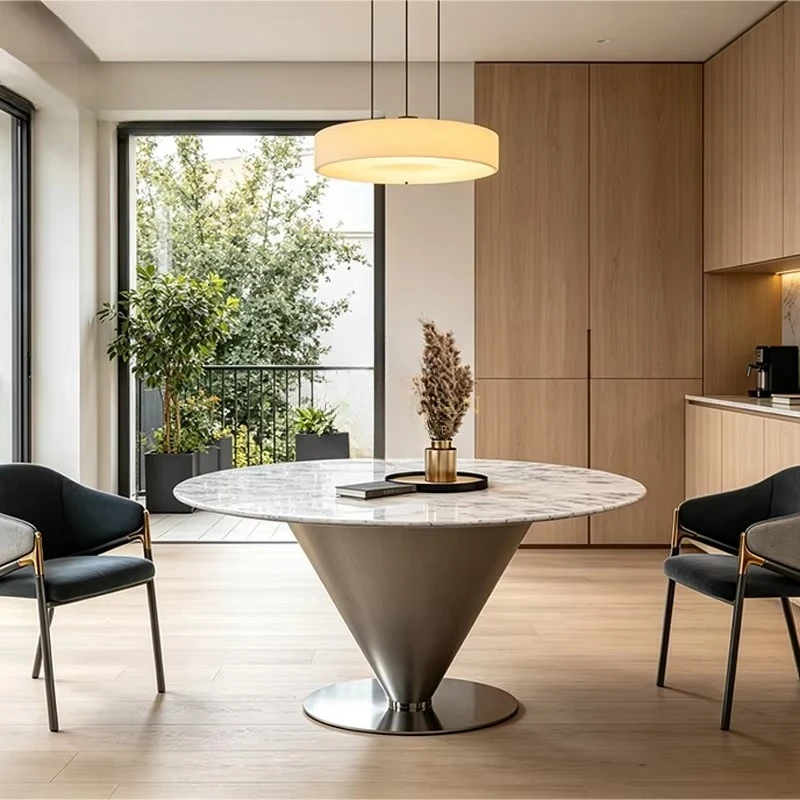 White Gold Marble Round Dining Table Silver Gray Matte Inverted Cone Metal Base Home Kitchen Restaurant Furniture