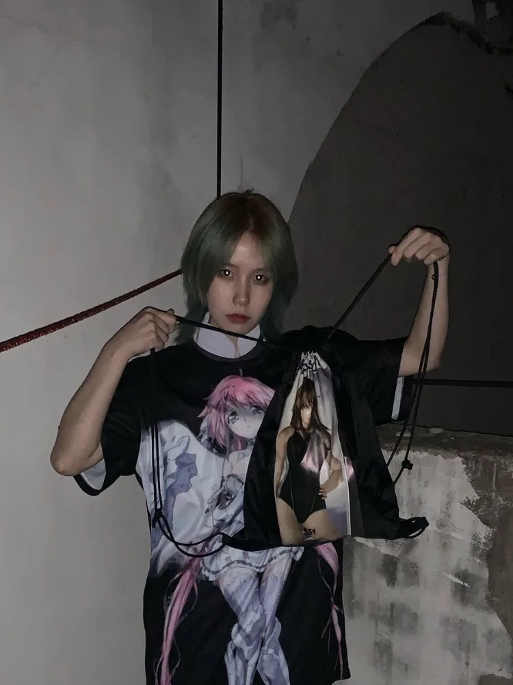 Harajuku Anime Cartoon Print O-neck T-shirts 2024 Sumemr New Loose Unisex Tee Shirt Y2k Grunge Short Sleeve Tops Women