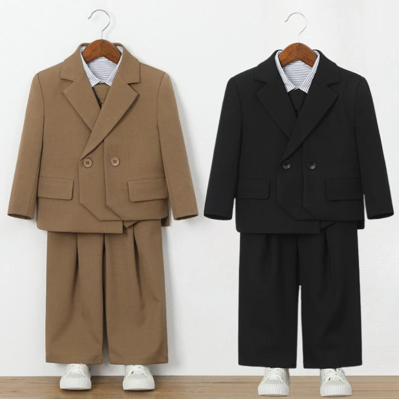 

Костюм на день рождения для мальчиков, комплект цвета хаки, элегантный детский костюм для выступлений на фортепиано, официальный свадебный наряд с цветочным узором для мальчиков, детский праздничный смокинг