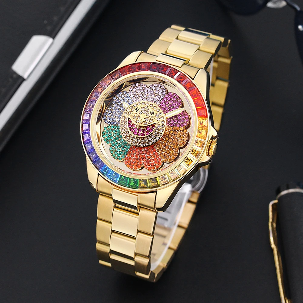 Hot Sale Funny Watch For Men Luxury Diamond Rotating Sunflower Dial Watches Man Fashion Steel Luminous Waterproof Wristwatch New