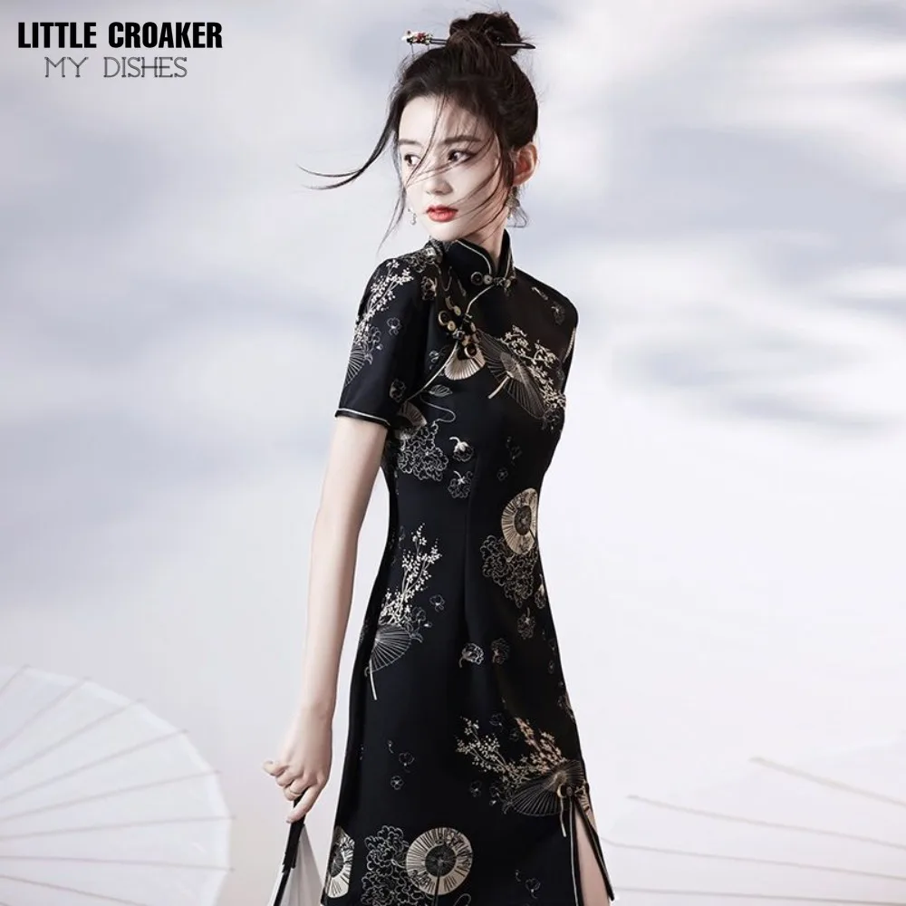 Qipao-Cheongsam negro para mujer, ropa China elegante, temperamento mejorado de gama alta, sentido joven y mayor, verano, 2022