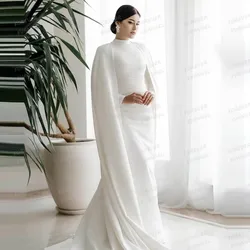 Simple Muslim Wedding Dresses Woman's Mermaid Long Sleeve Shawl Bride Gowns High Neck Formal Vestidos De Novia Satin Customized