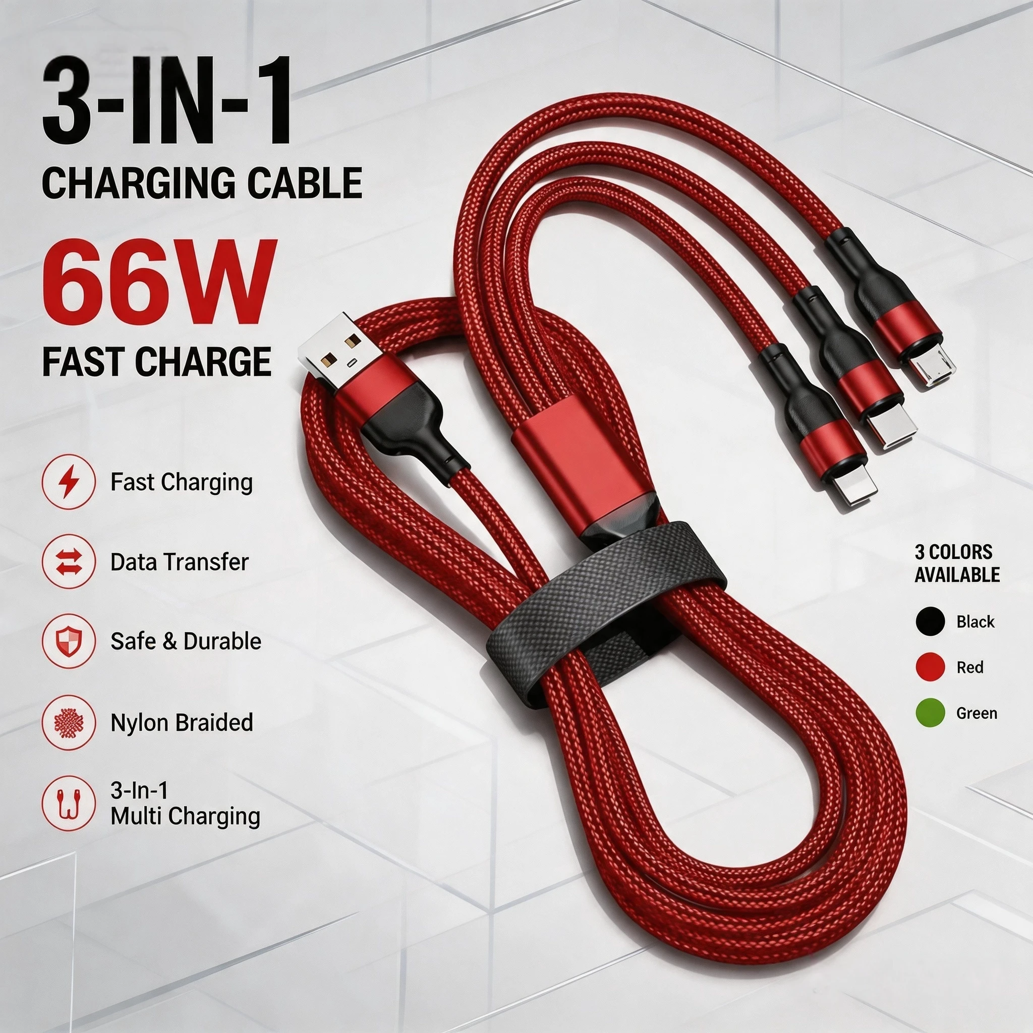 66W 3-in-1 Fast Charging Cable 6A Multi Port USB Charger Wire Cord with Micro USB Type C Cable For iPhone Samsung Huawei
