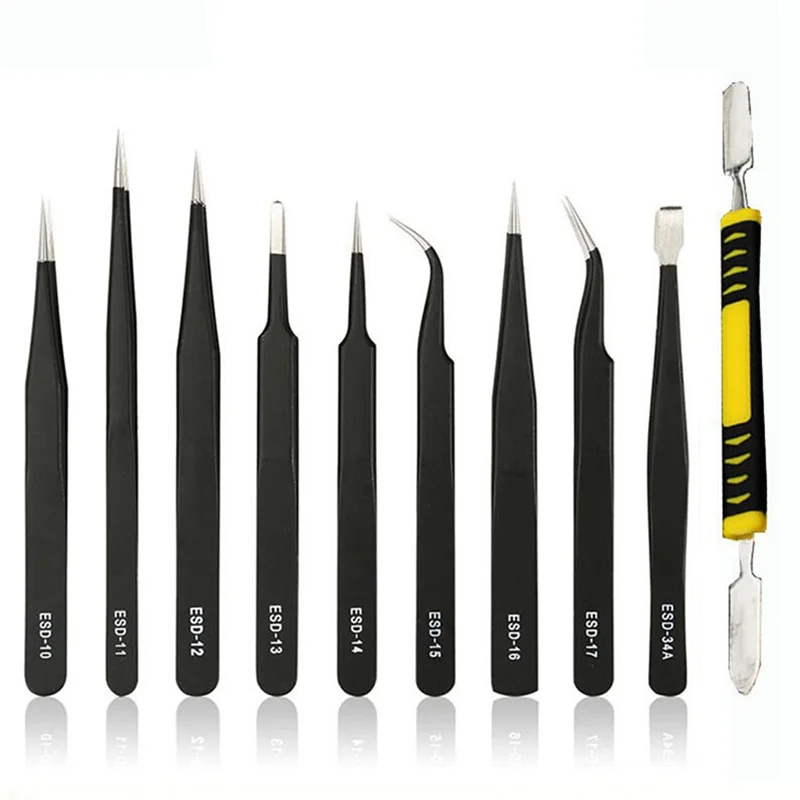 10-Piece Set Anti-Static Tweezers Combination Set Cloth Bag Tweezer Combination Suit Easy Storage