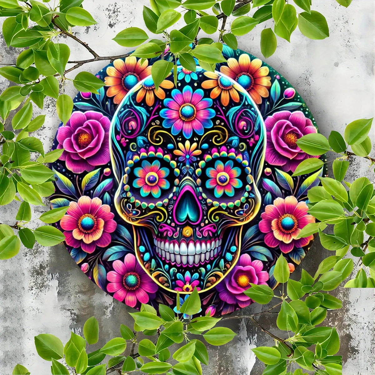 1pc Vibrant Sugar Skull Metal Wall Art - Floral Halloween Decor, Round Aluminum Sign for Home, Door, Garden, Bar & Coffee Shop,