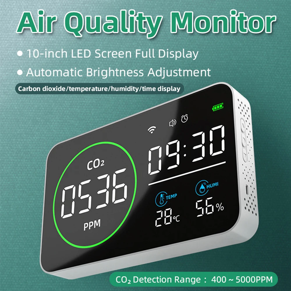 Imagem -02 - Qualidade do ar Medidor de Dióxido de Carbono Detector Produção Agrícola Temperatura Umidade Tester Tempo Despertador Wi-fi Co2 em 1