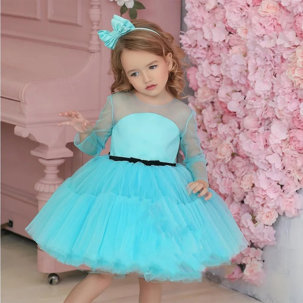 맞춤형 핑크 플라워 걸 드레스 풀 슬리브 부드러운 튤 라운드 칼라 웨딩 파티 가운 새로운 티어드 커뮤니언 맞춤형