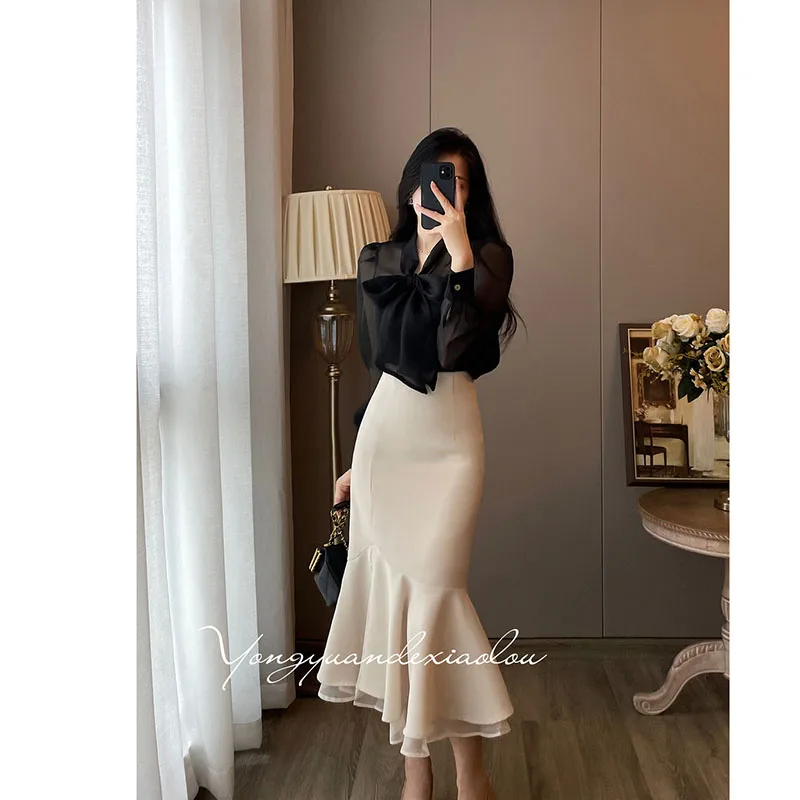 Spring Summer New Ladies Temperament Long Split Fishtail Skirt Fashion Joker Solid Color Half-Length Comfortable Zipper Skirt