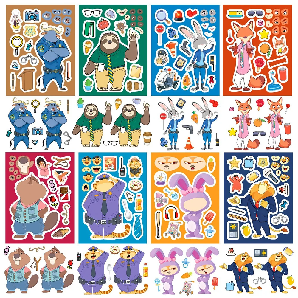 

8/16sheets Kawaii Disney Zootopia Puzzle Stickers Cute Cartoon Nick Judy Make a Face DIY Assemble Jigsaw Educational Toy Decals