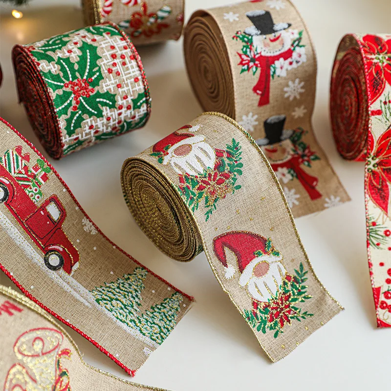 

2M/Roll Christmas Linen Ribbons Snowflake Xmas Tree Printed Ribbon New Year Gift Wrapping Christmas Crafts Decorations