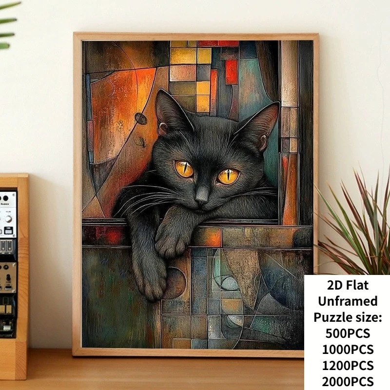 500/1000/1200/2000 Pcs Jigsaw Puzzles Abstract Black Cat Art Paper Challenging Family Activity Games for Bedroom Livingroom Gift