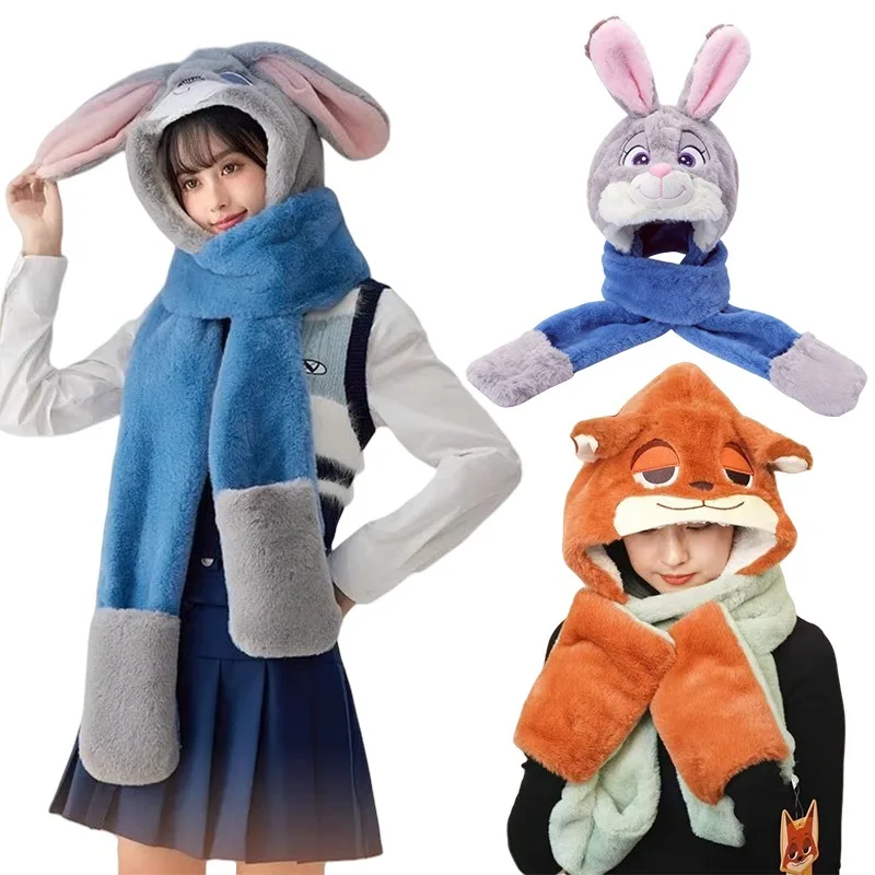 

Disney Zootopia Judy Hooded Scarf Gloves 3-in-1 Anime Character Couple Goes Shopping Ear Protection Warm Hooded Birthday Gift