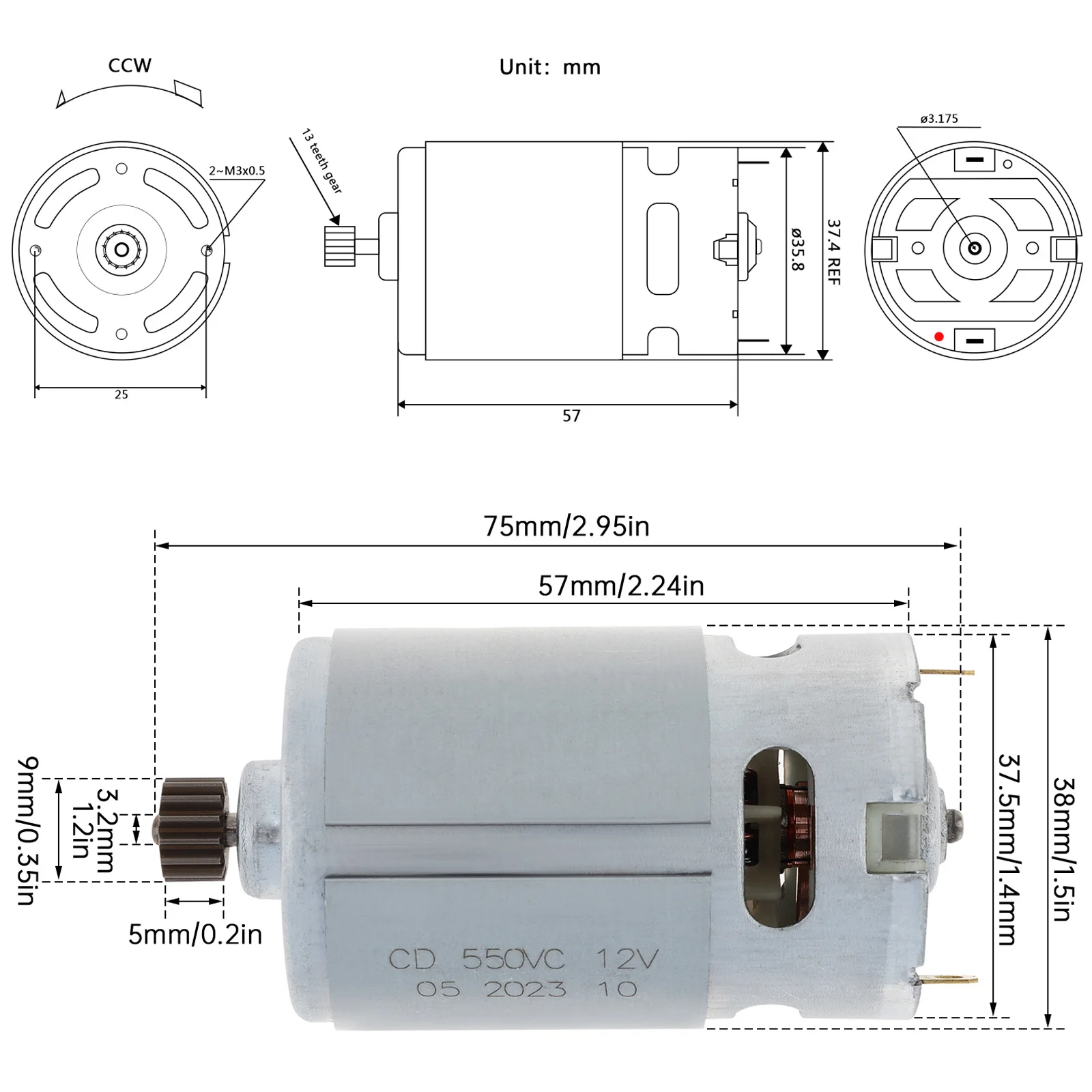 RS550 DC Motor 10.8V 12V 14.4V 18V 13 Teeth Diameter Gear Micro Motor Fit for BOSCH GSR10.8-2-LI / GSR10.8V/Electric Drill