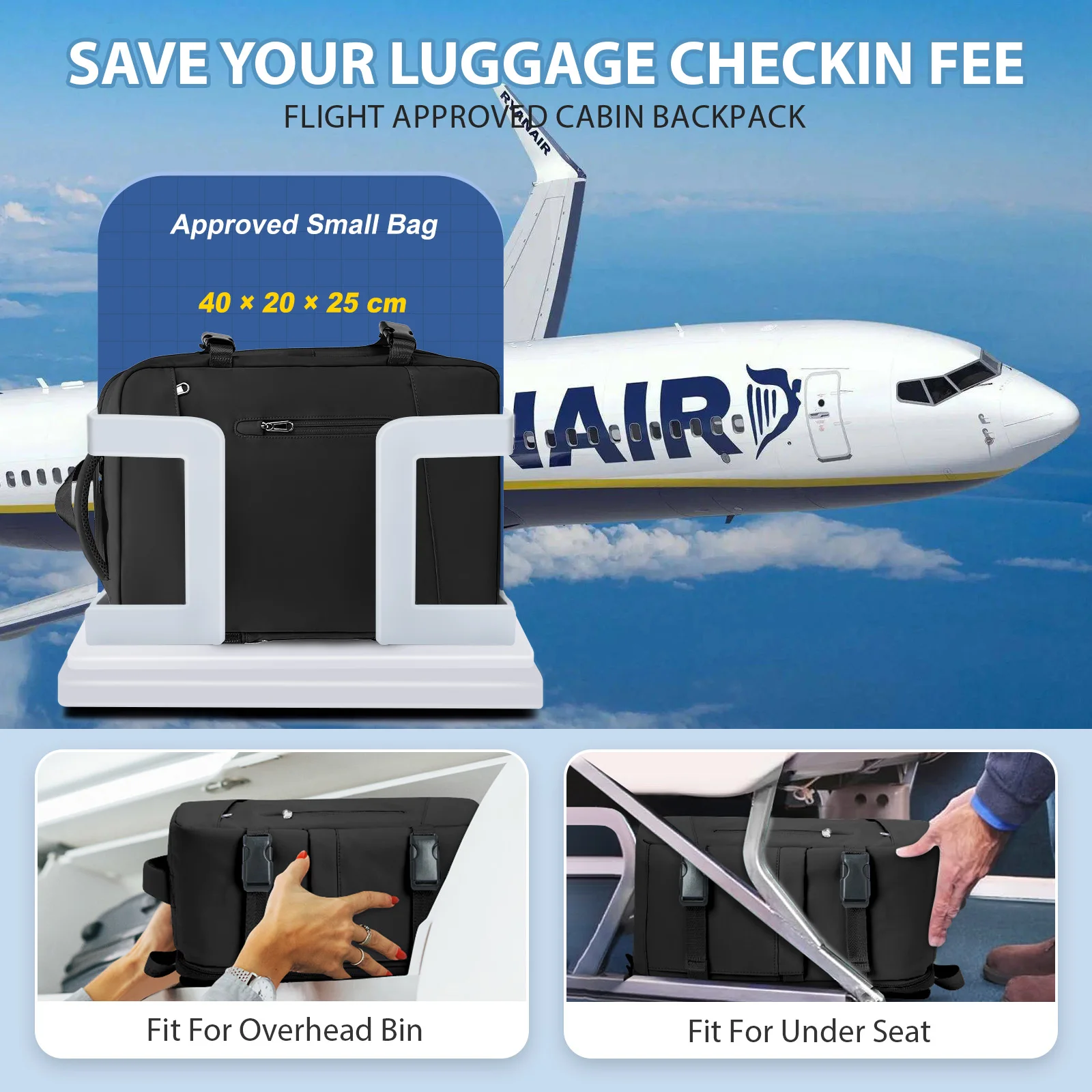 Ryanair 40x20x25 Mochila de viaje para avión, bolsas de equipaje de mano, maleta, bolsa de cabina, avión, hombres, mochila de negocios Laotop, llevar