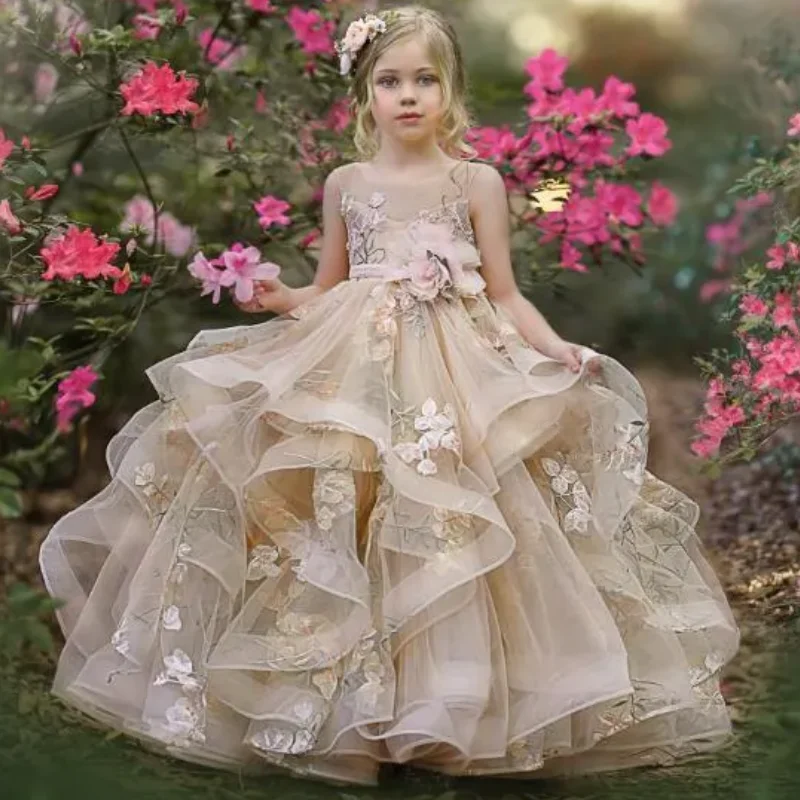 Customized Flower Girl Dress Champagne Sleeveless Tiered Tulle Applique Fit Wedding Princess Dress Holy Communion Birthday Gowns